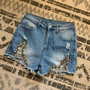 Gem Embellished Light Blue Denim Shorts with Distressed Hem